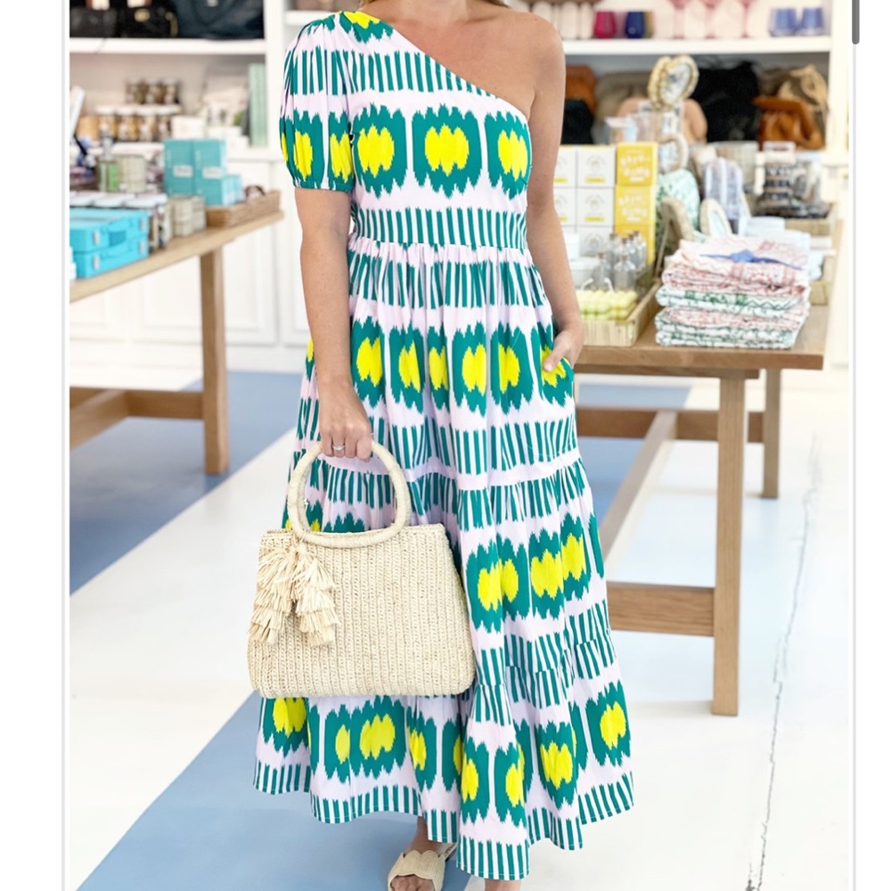 Oliphant One Shoulder Ikat Lilac Maxi Dress Large Green Yellow
